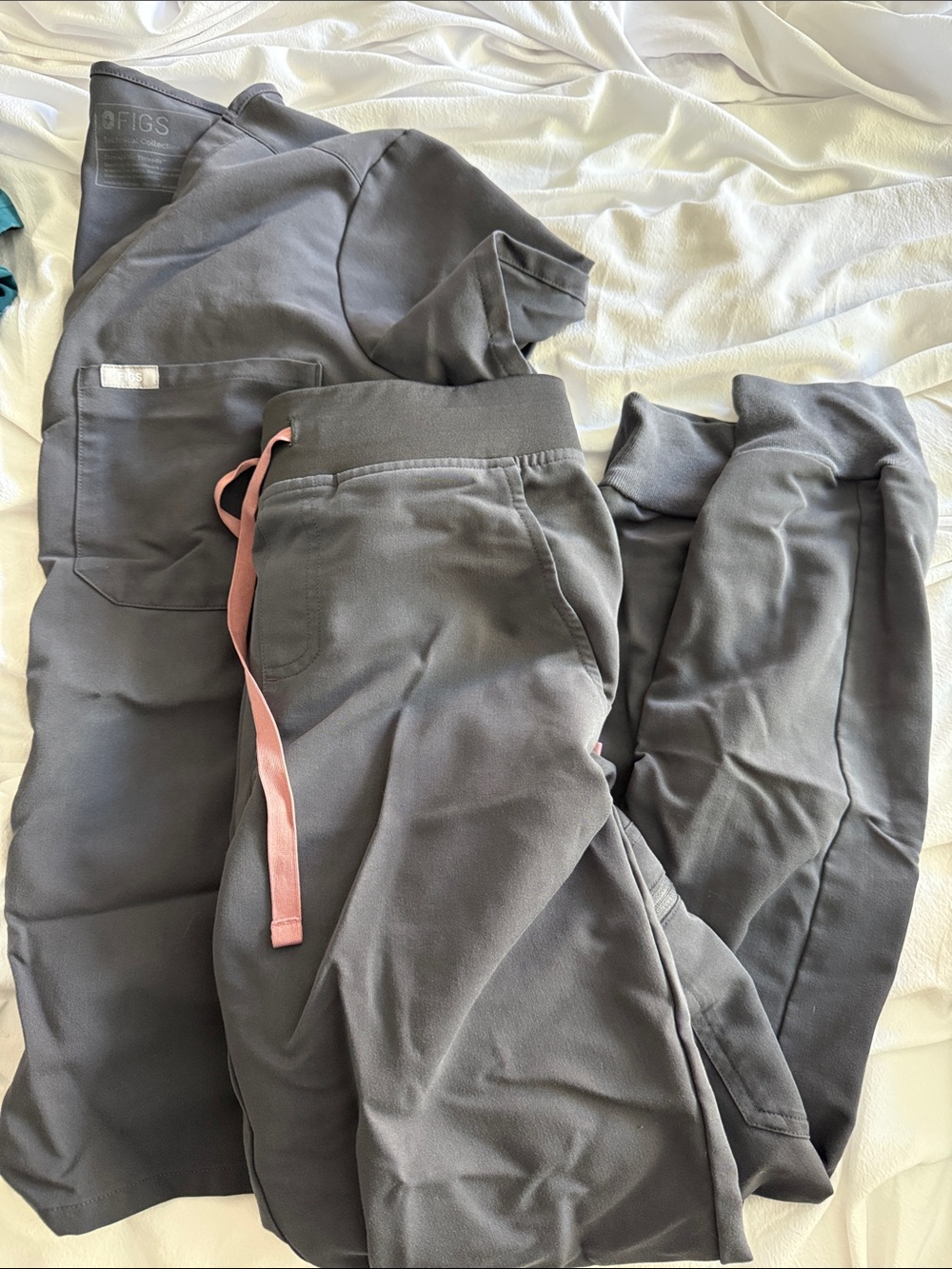 FIGS Kids Charcoal Jogger Pants with Pink Drawstring and scrub top